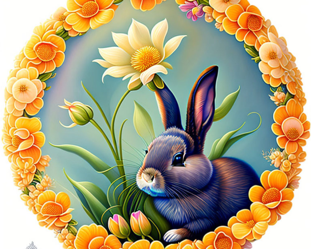 Adorable blue rabbit with orange and yellow flowers on blue background