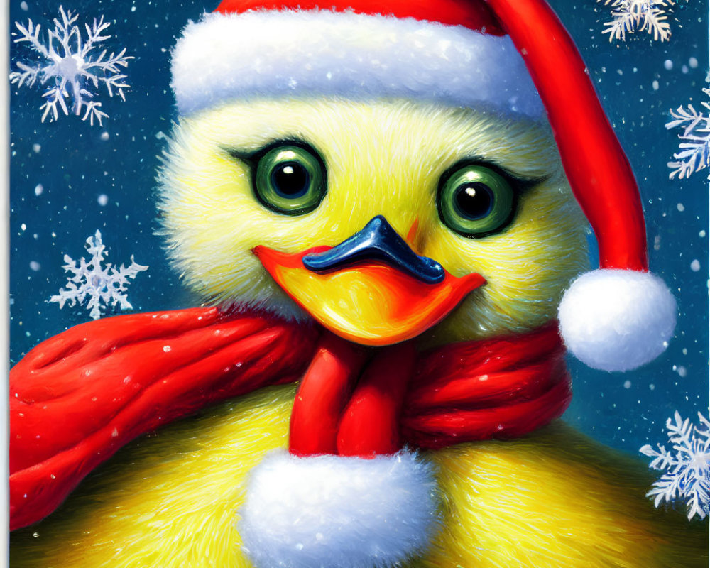 Yellow Duckling in Santa Hat and Red Scarf with Snowflakes on Blue Background