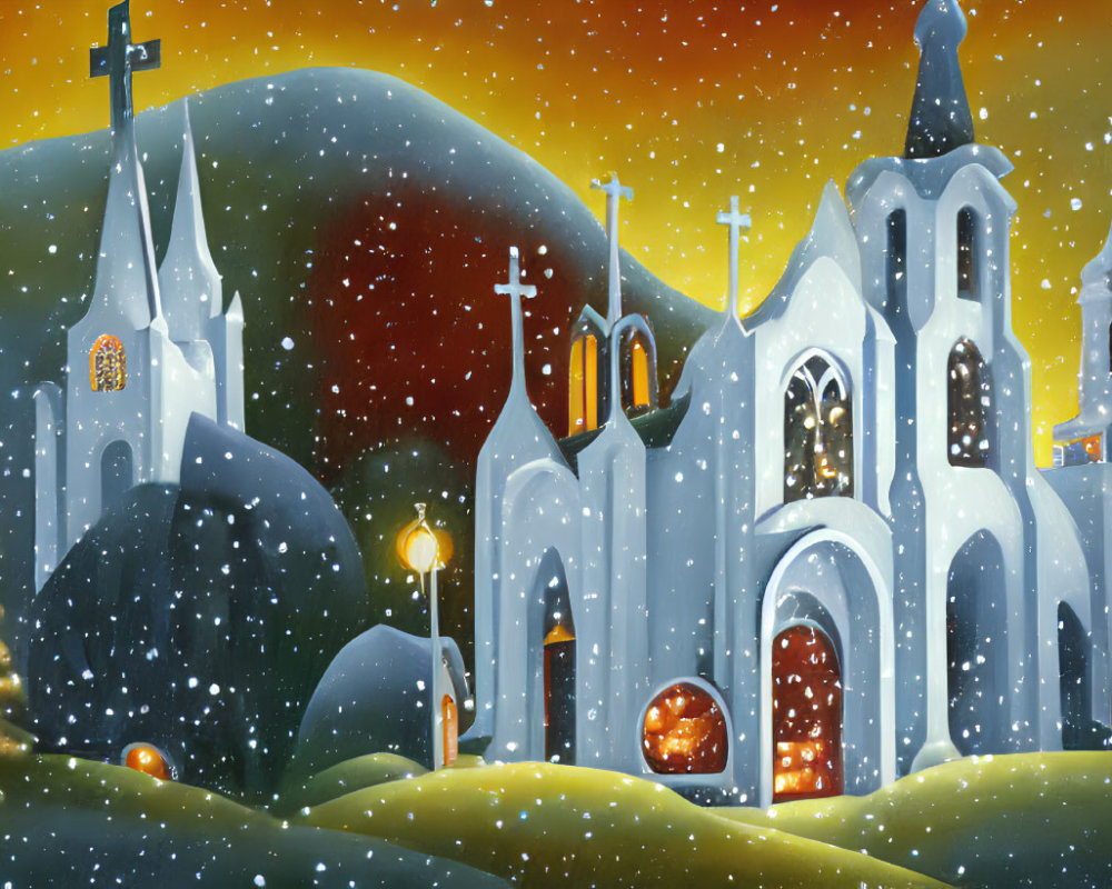 Gothic-style churches in snowy night scene with Christmas tree