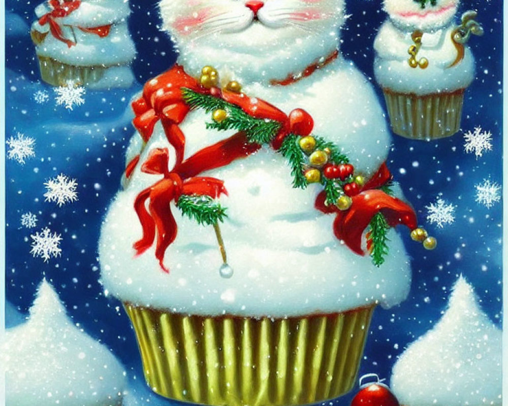 Three festive cupcake-themed cats with snow and holiday decorations