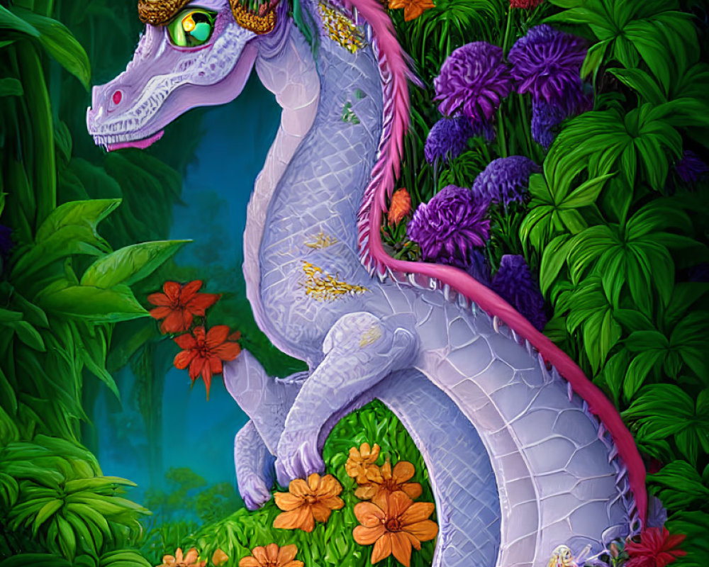 Whimsical purple dragon with golden horn in lush garden