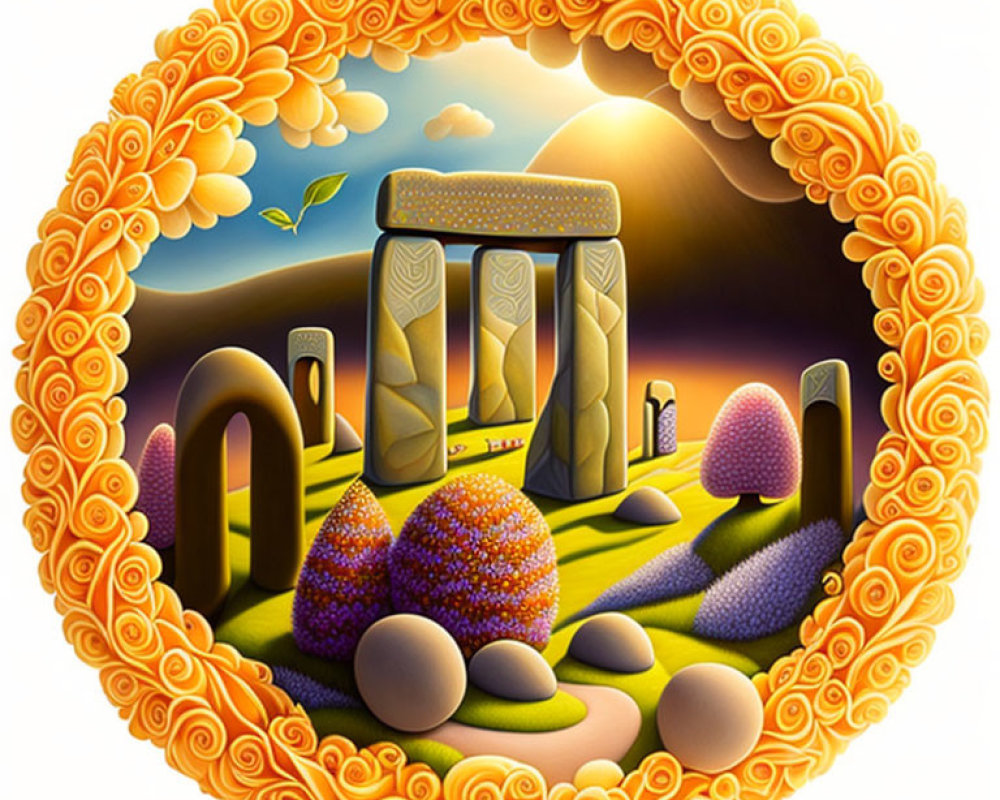 Colorful Circular Artwork of Stylized Stonehenge and Vibrant Nature Scene