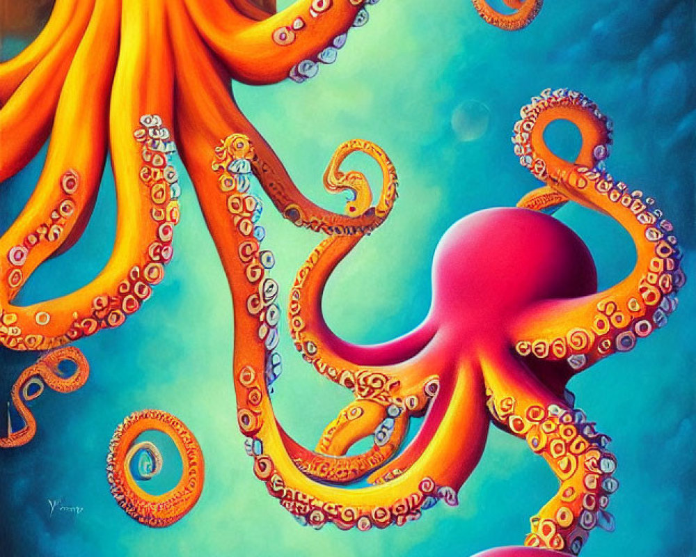 Colorful Octopus Painting on Blue Background with Pink Octopus and Rings