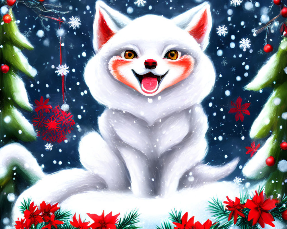 White Fox Surrounded by Snowflakes, Red Berries, and Pine Trees in Festive Winter