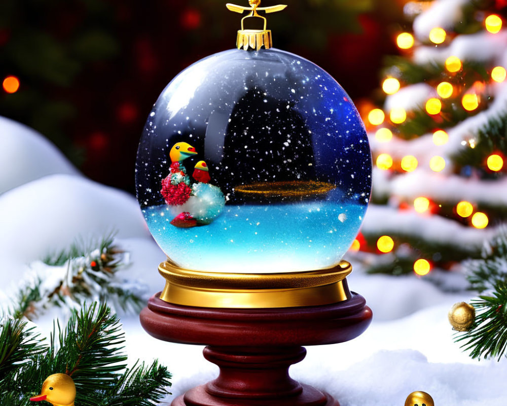 Snow Globe with Penguin and Rubber Ducks in Christmas Scene