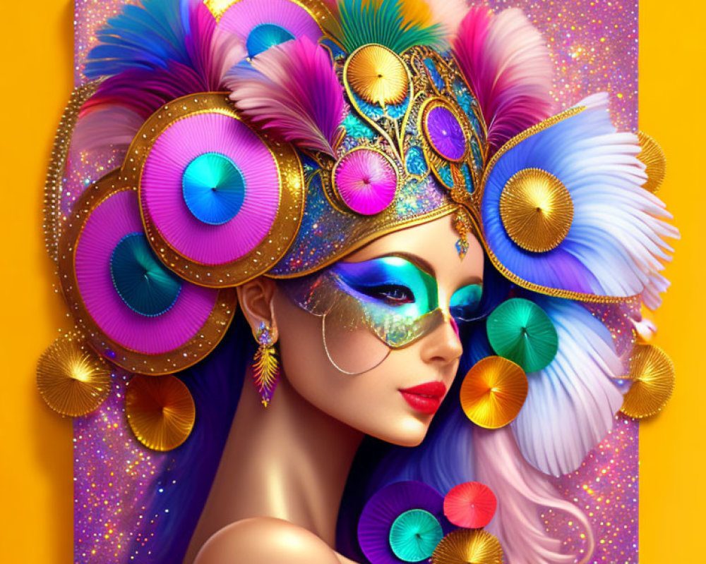 Colorful Woman with Feather Headdress and Blue Eye Mask on Glittery Yellow Background