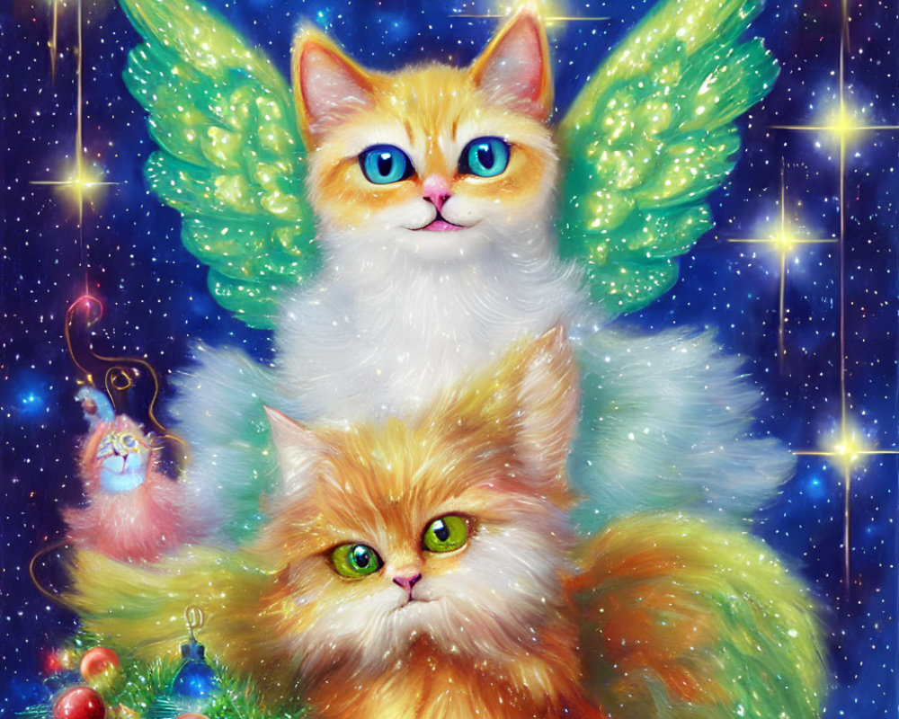 Whimsical angelic cats with vibrant wings in starry night scene