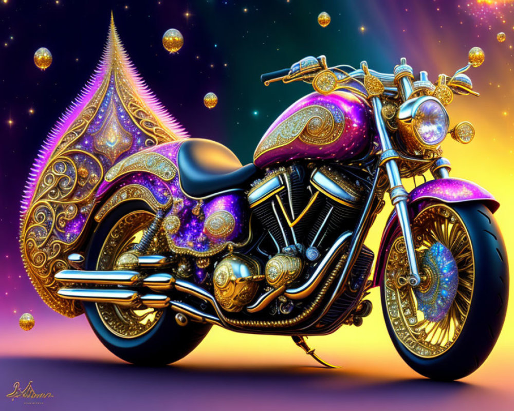 Colorful Cosmic Fantasy Motorcycle Against Starry Space Background