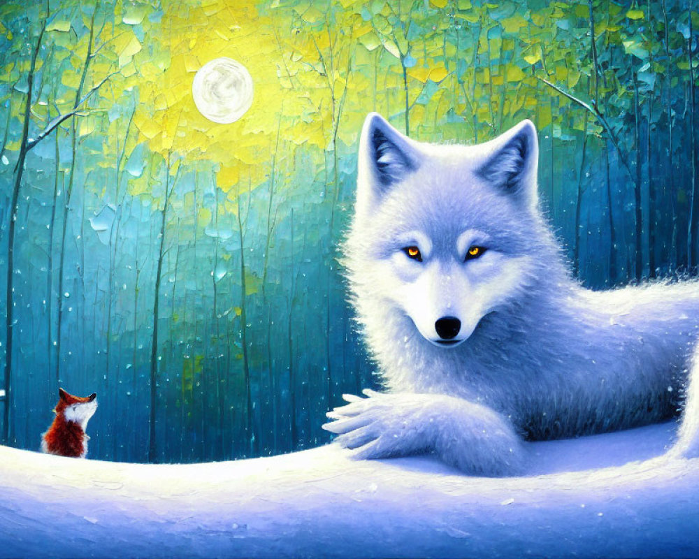 Mystical blue wolf and red fox in moonlit forest