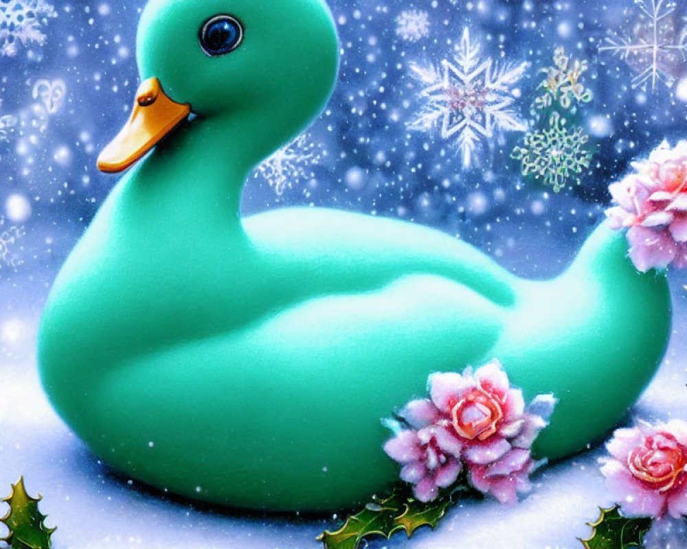 Colorful Teal Rubber Duck with Snowflakes and Pink Flowers in Snowy Scene