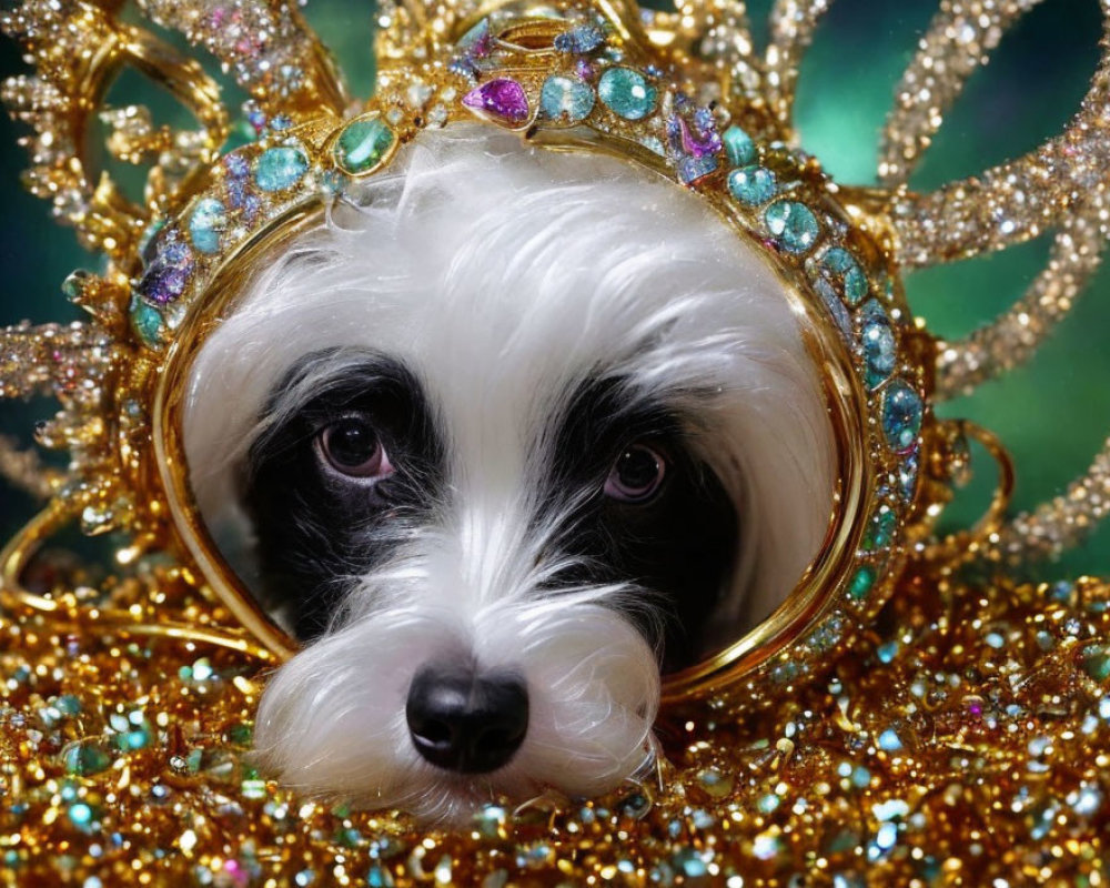 Monochrome Dog with Crown on Green Background