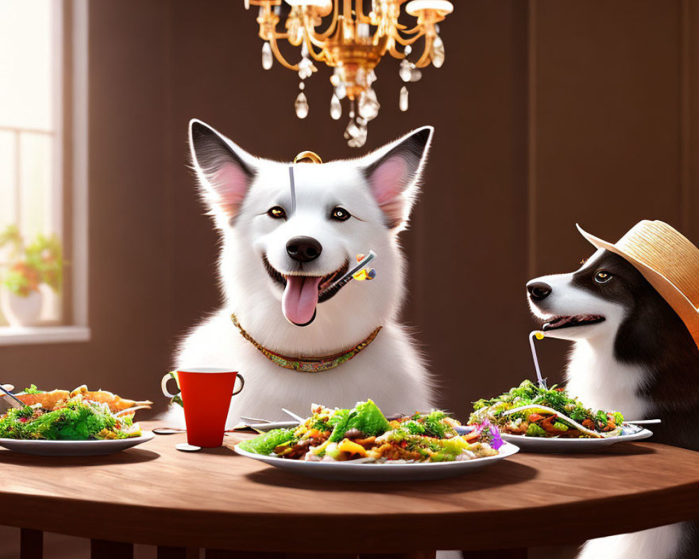 Animated dogs at dining table with paintbrush in chandelier-lit room