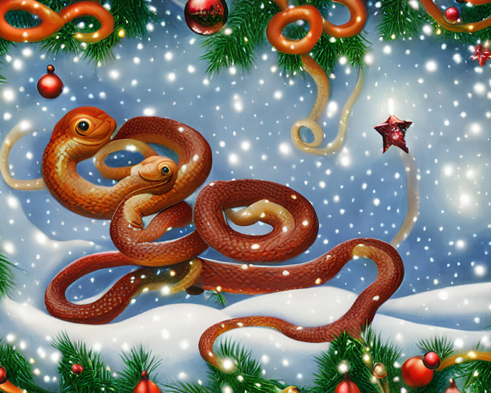 Cartoon snakes with festive decorations in snowy scene