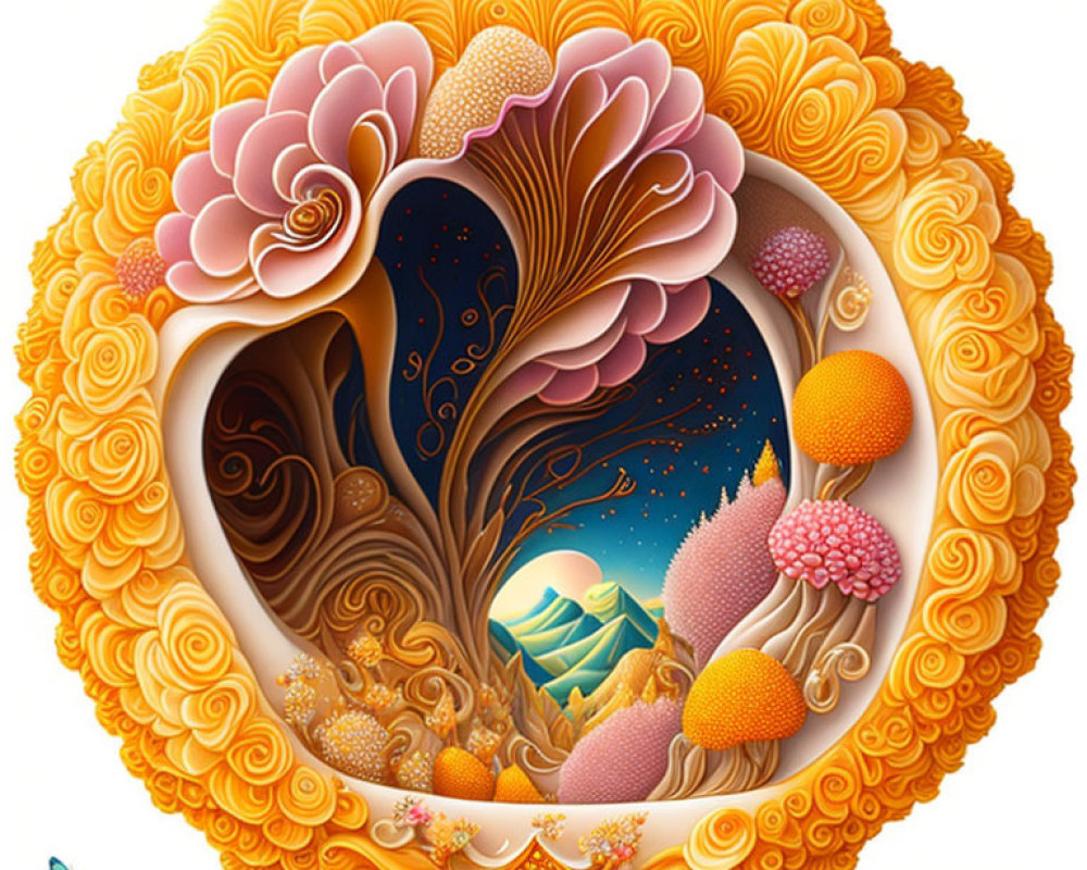 Colorful circular artwork featuring whimsical natural scene with floral patterns, trees, night sky, and butterfly