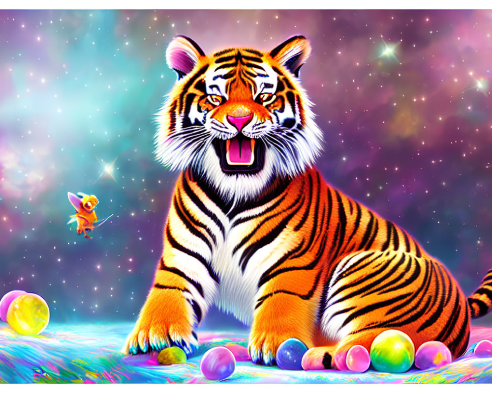 Colorful Tiger Surrounded by Orbs and Cosmos Background