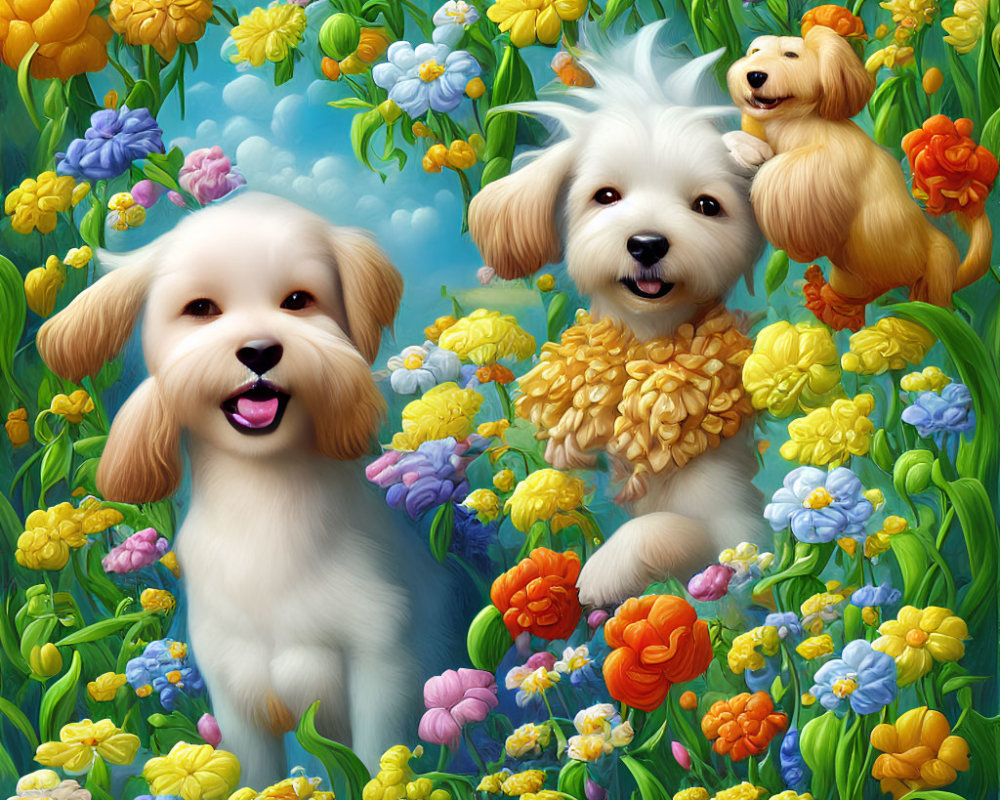 Fluffy Dogs Surrounded by Colorful Flowers and Blue Sky