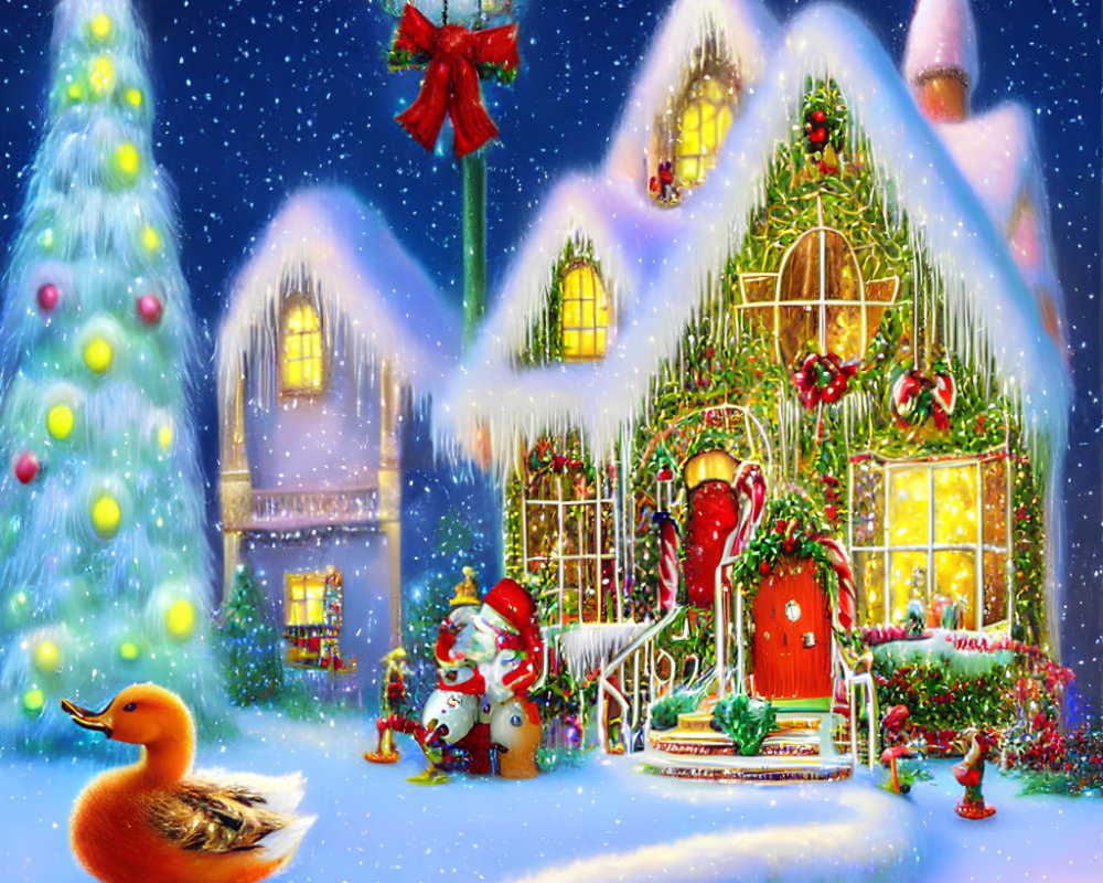 Snow-covered Christmas house with festive decorations, lit tree, duck, and snowy night scene.