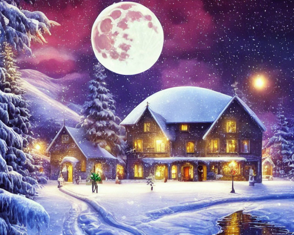 Snowy Landscape: Cozy House, Full Moon, Snow-Covered Trees