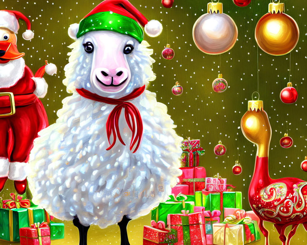 Festive Christmas illustration with Santa sheep, Santa, gifts, and ostrich ornament.