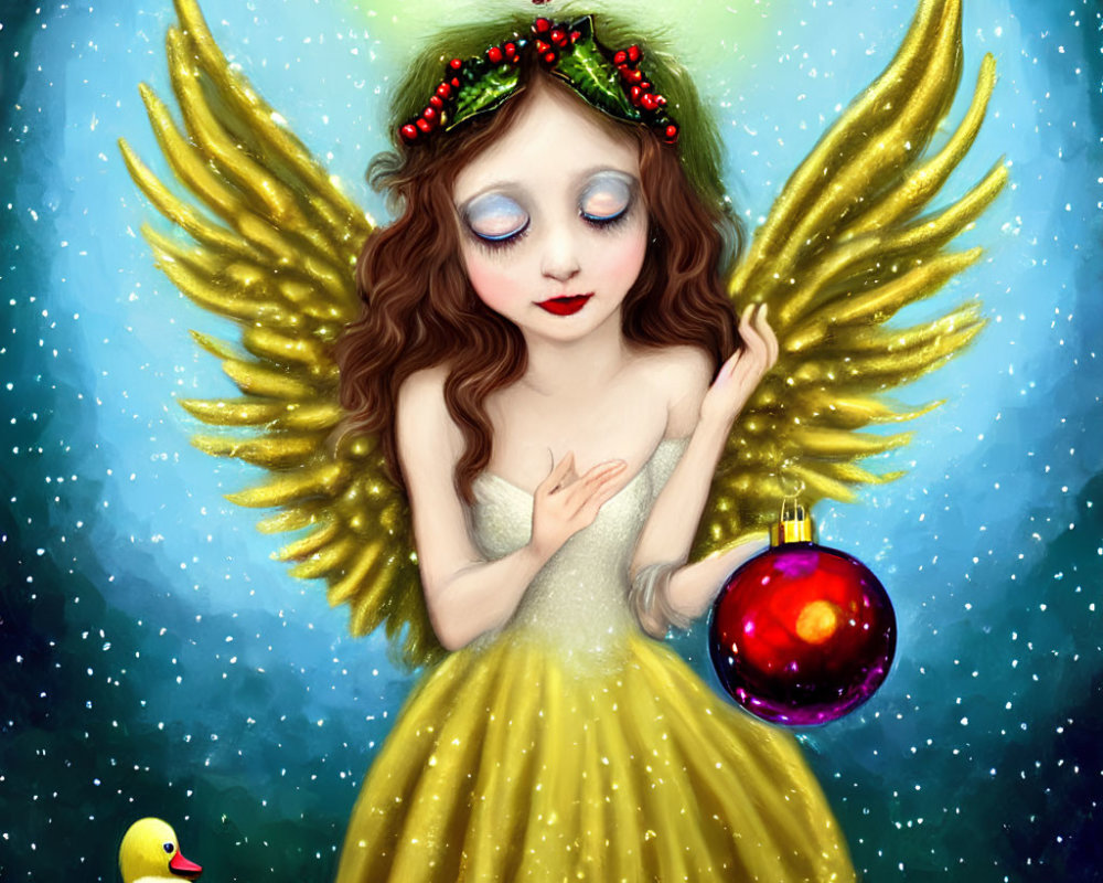 Illustration of girl with angel wings and wreath holding Christmas ornament, surrounded by rubber ducks and snow