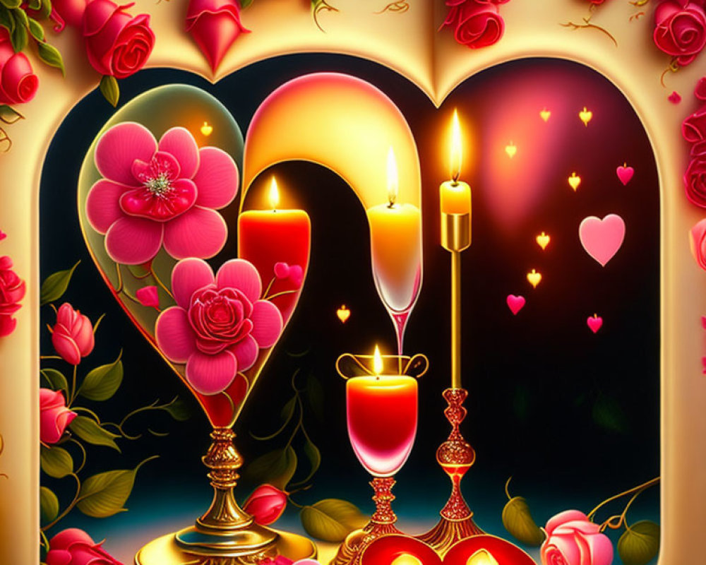 Heart-shaped frame with roses and candles in romantic illustration