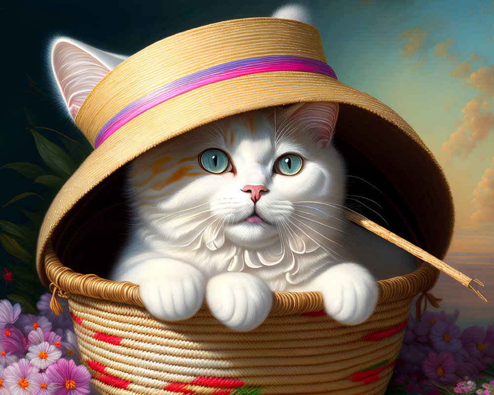 White Cat with Blue Eyes in Straw Hat Among Flowers and Sky