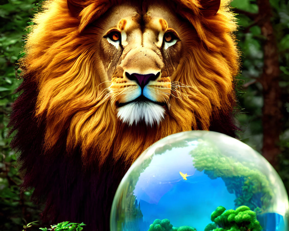 Majestic lion with intense gaze and crystal ball reflecting lush forest