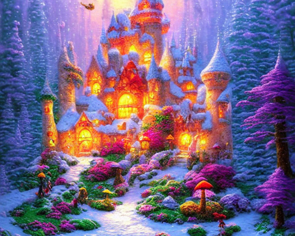 Snowy fairytale castle surrounded by colorful trees and glowing windows in birthday scene