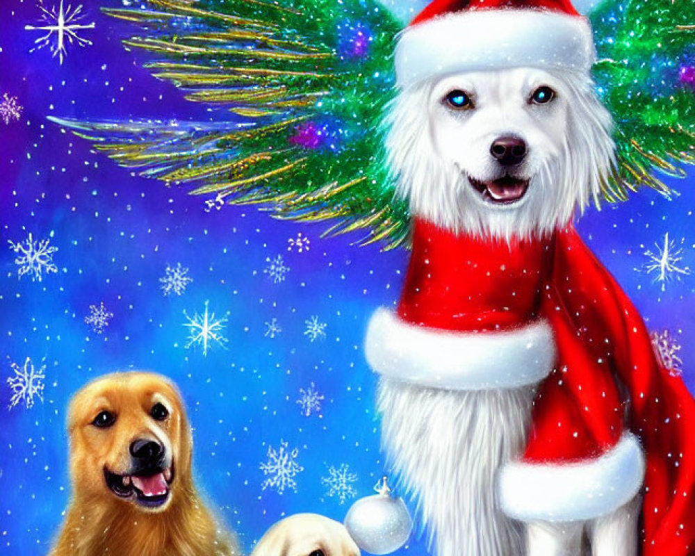 Festive dogs illustration: Santa costume, wings, snowball, smiling, snowflakes