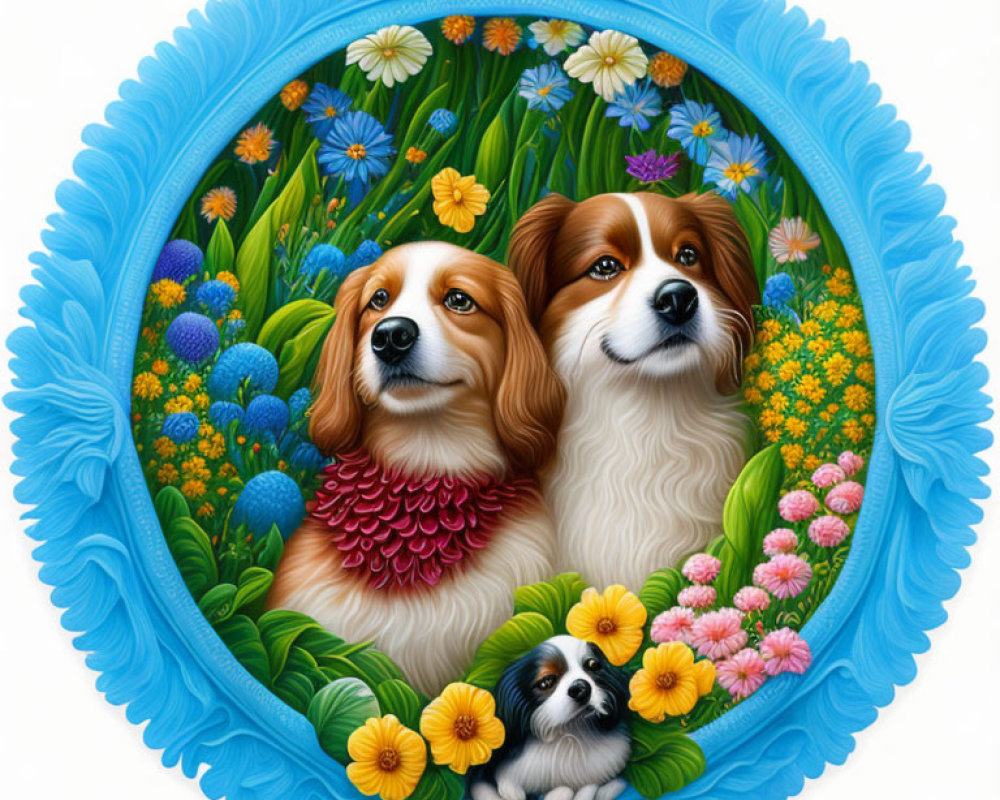 Cheerful dogs and a puppy with vibrant flowers in blue oval frame