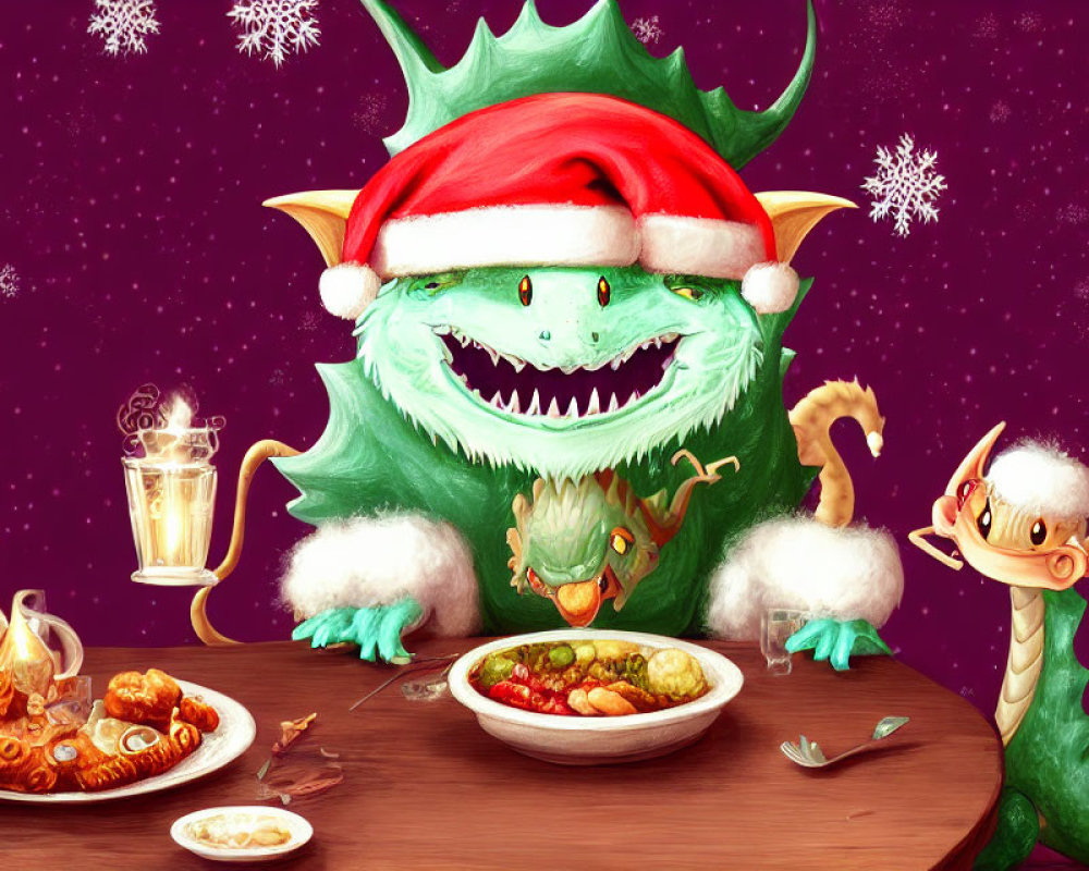 Cartoon dragon in Santa hat at holiday table with two dragons, purple background