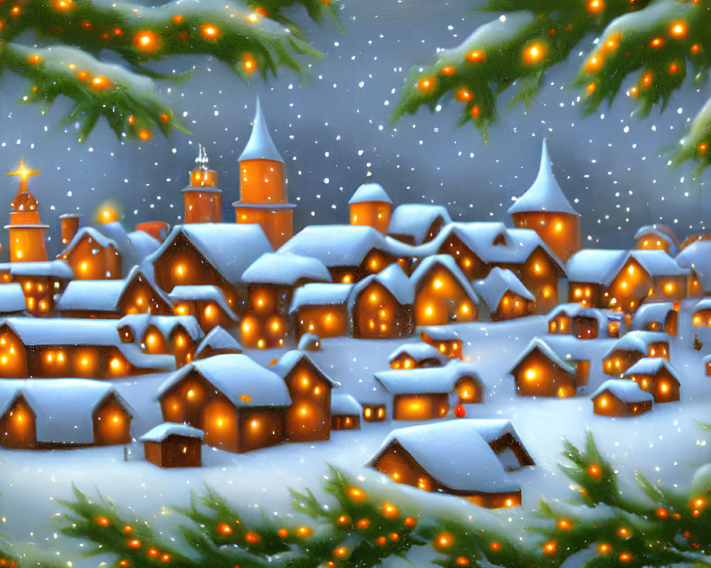 Snow-covered winter village with golden lights and snowfall under night sky