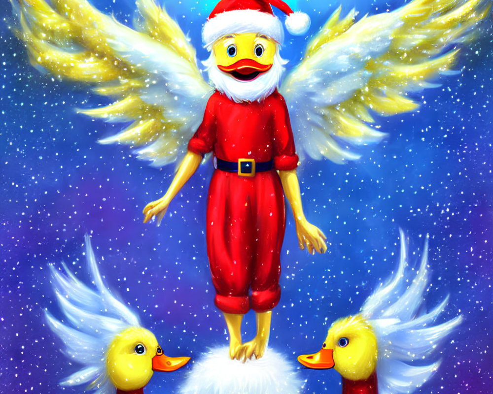 Whimsical Santa Claus Duck Character with Golden Wings and Ducks in Starry Background