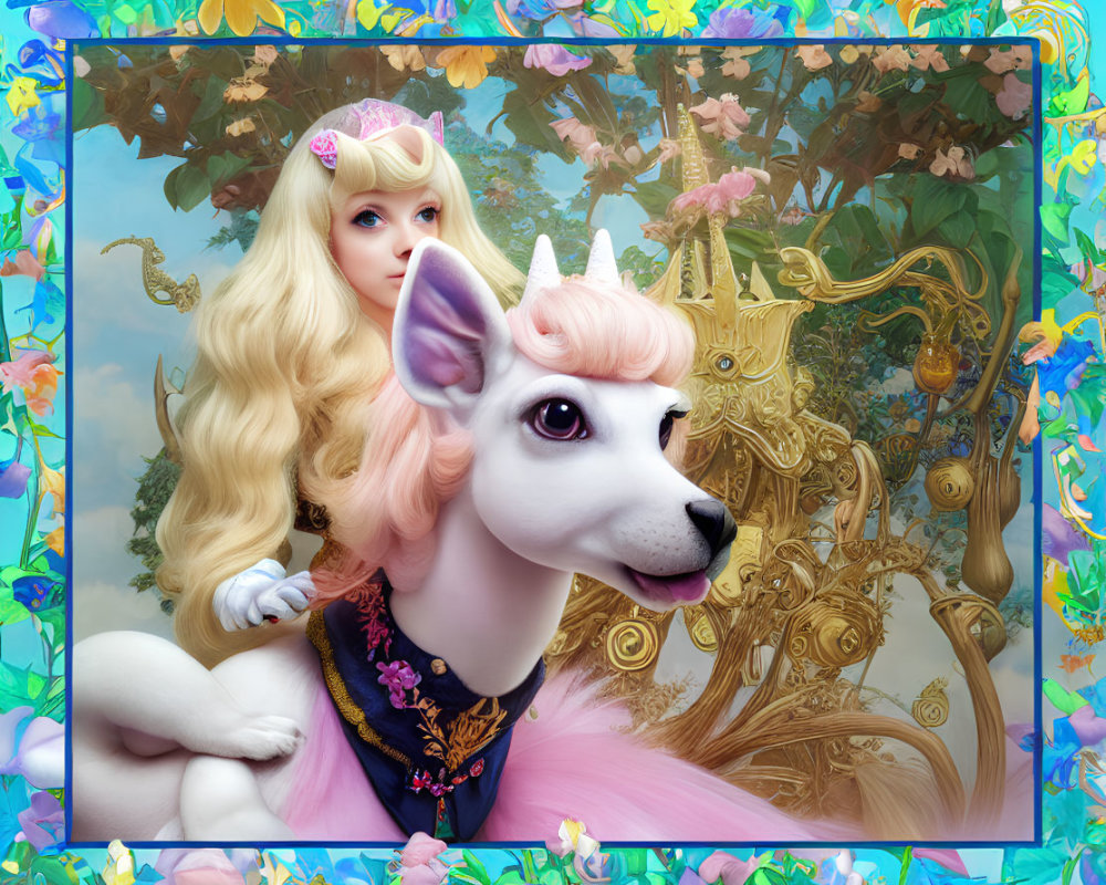 Blonde Woman with Crown Poses with White Unicorn-Like Dog in Floral Setting