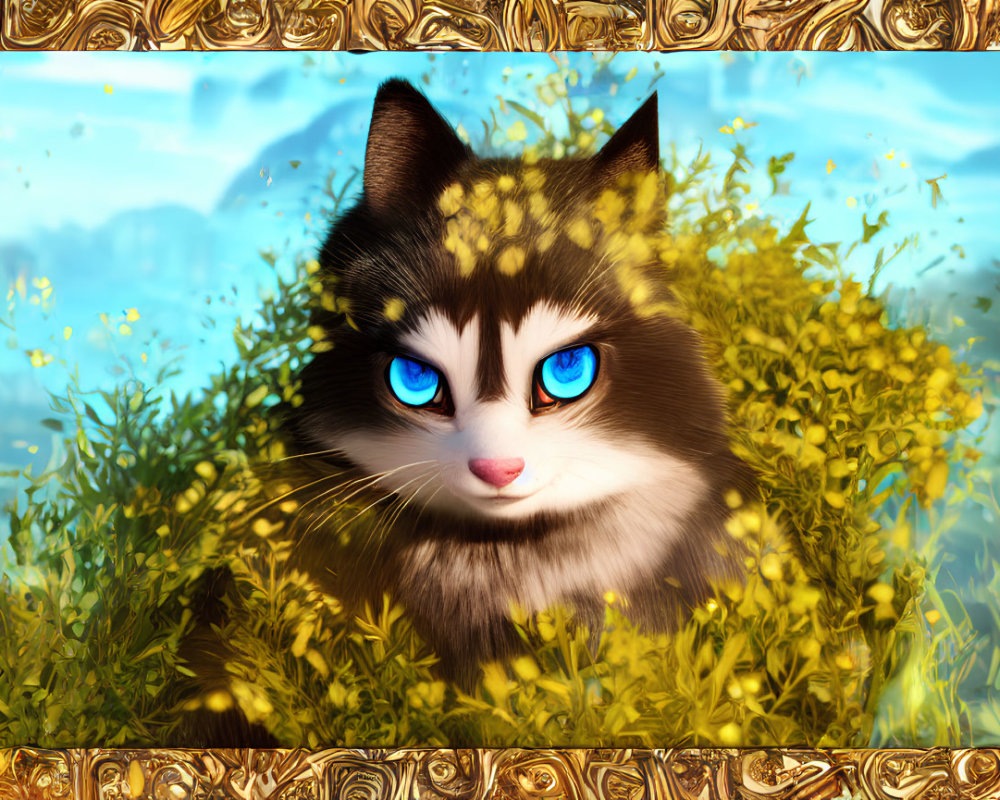 Blue-eyed fluffy cat in black and white fur with yellow flowers in golden frame