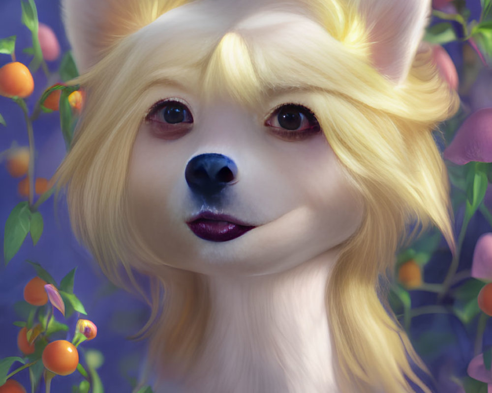 Blond-Haired Fox Surrounded by Orange Berries on Blue Background