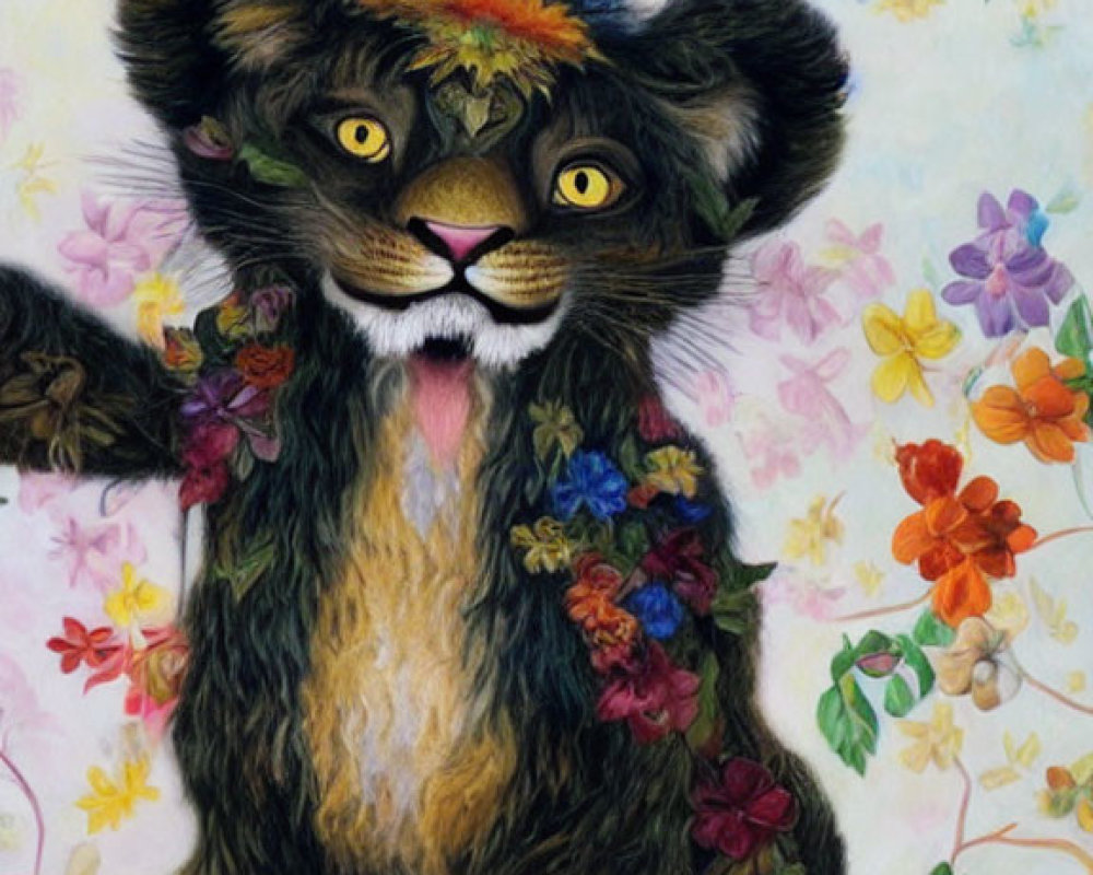 Whimsical lion cub surrounded by vibrant flowers