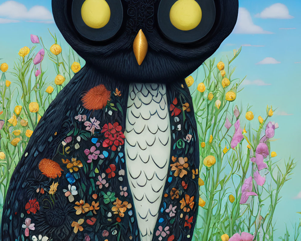 Illustrated owl with floral patterns in vibrant flower field under blue sky