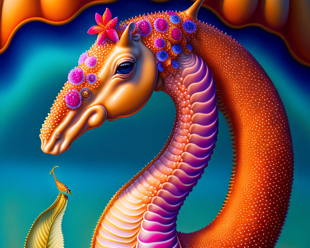 Vibrant seahorse illustration with intricate patterns on abstract aquatic background