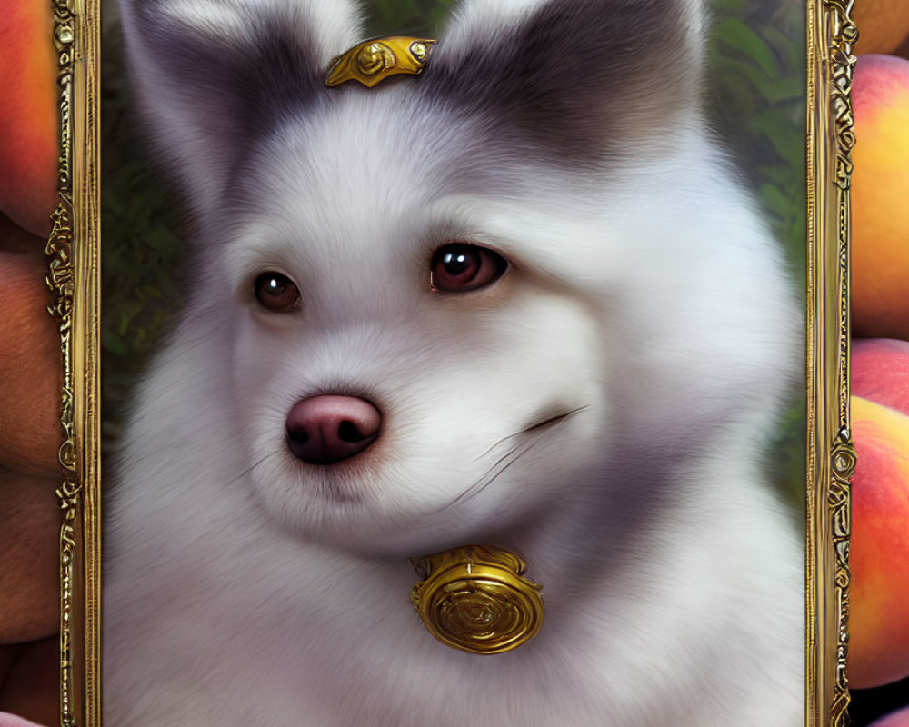 Regal white dog with golden tiara and jewelry in classic border surrounded by vibrant peaches