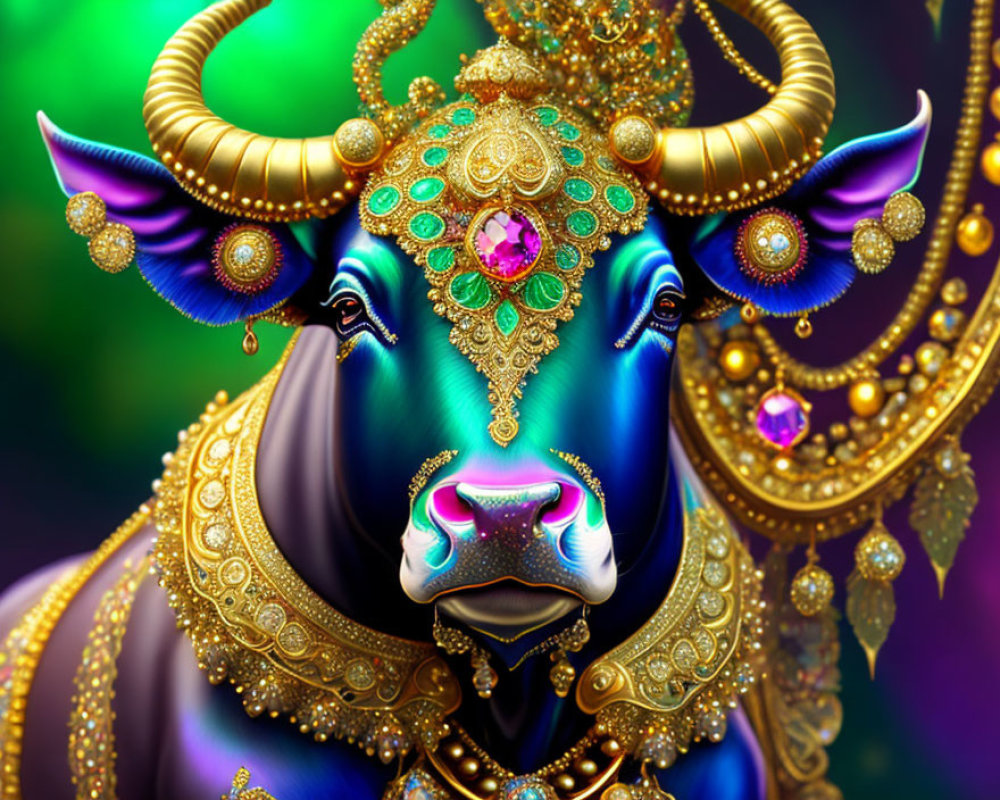 Colorful image of a blue bull with golden horns and ornate jewelry