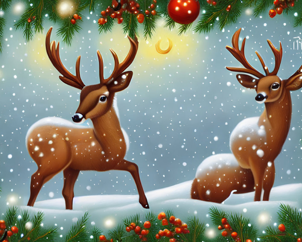 Illustrated reindeer in snowy scene with festive decorations and soft glow