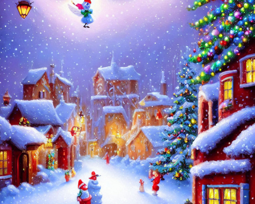 Snowy Village with Christmas Decorations and Flying Bird