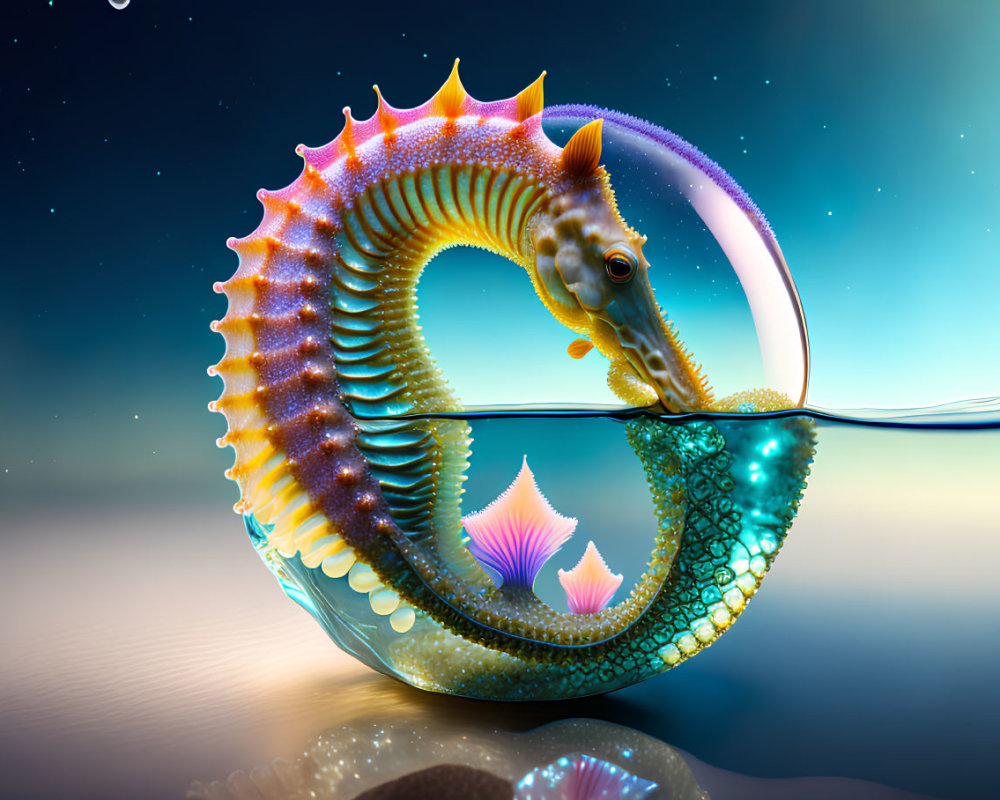 Colorful Surreal Seahorse Illustration with Coiled Tail in Bowl of Water