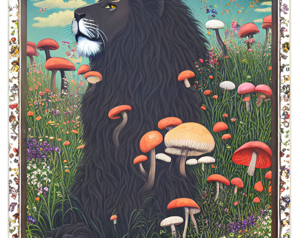 Vibrant illustration of black lion in colorful field