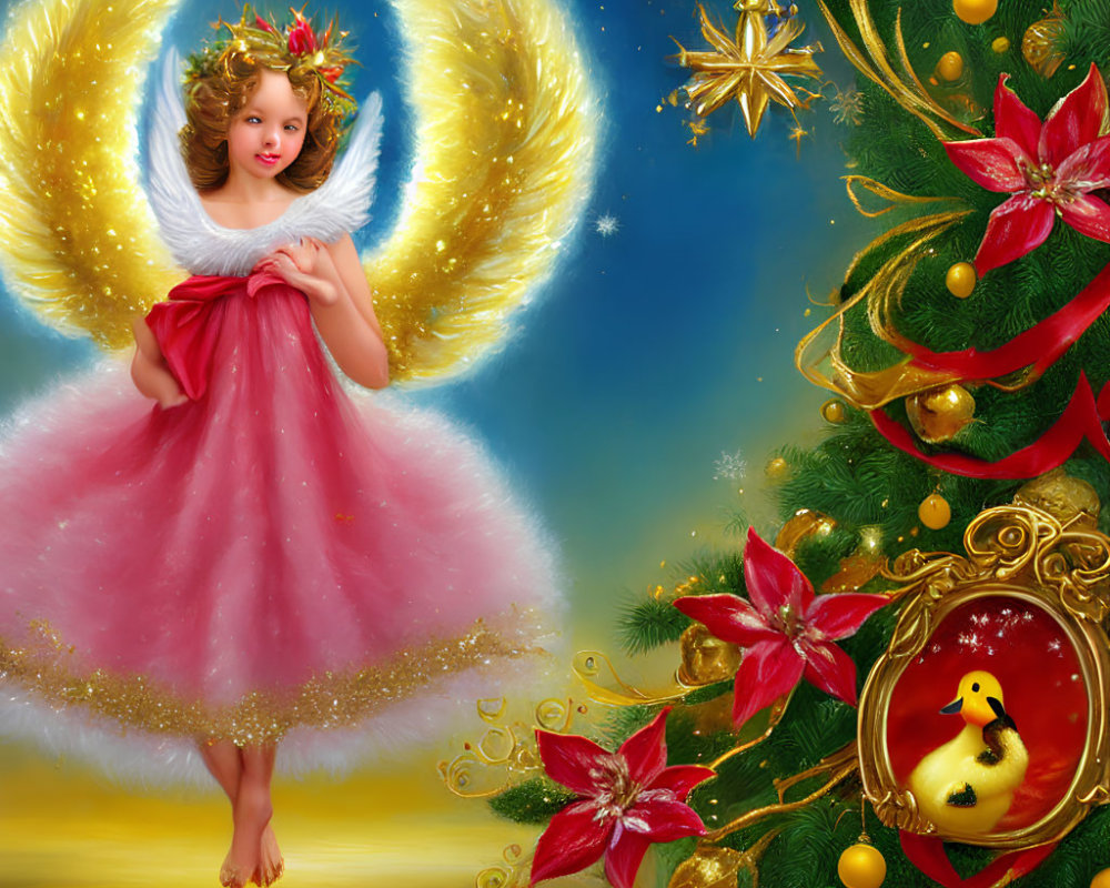 Illustration of angelic child with glowing wings by Christmas tree with golden ornaments and duckling in ba