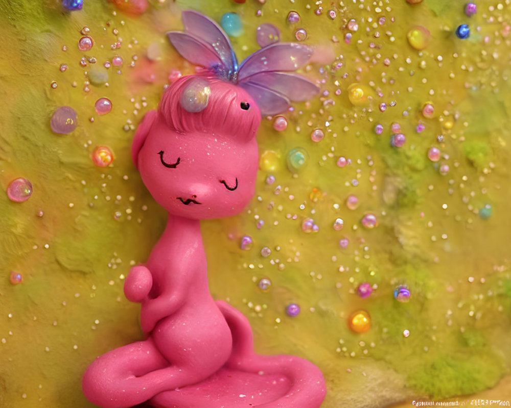 Pink meditating creature with dragonfly in bubbles on yellow background