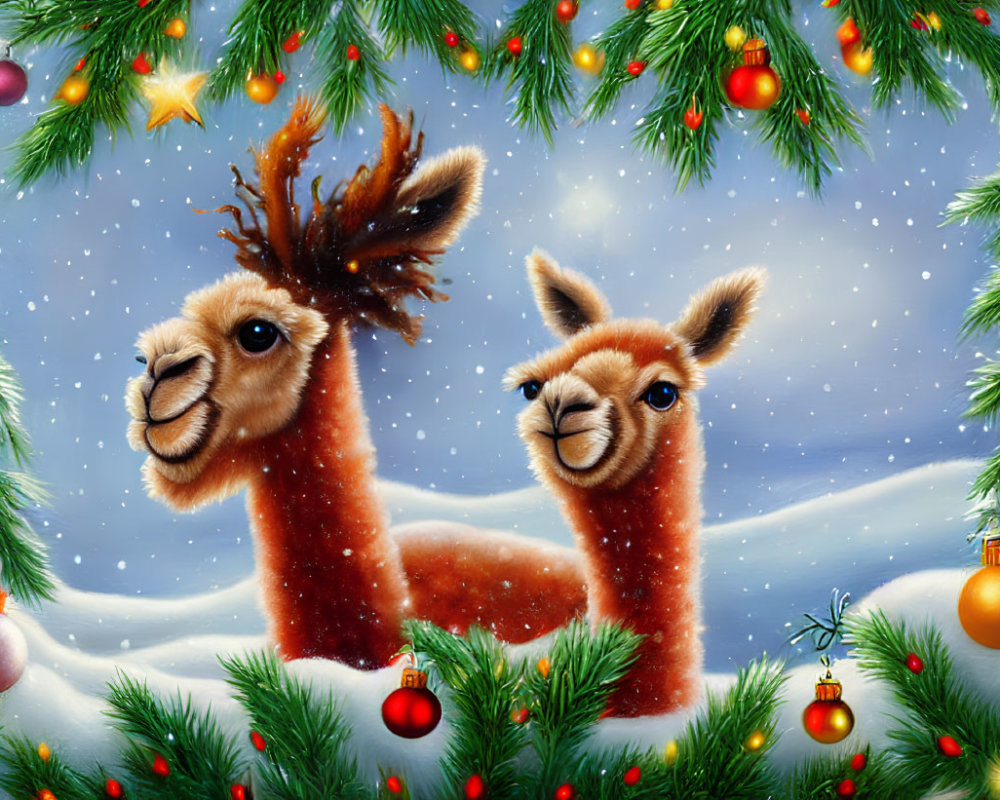 Festive llamas with Christmas decorations in snowy scene