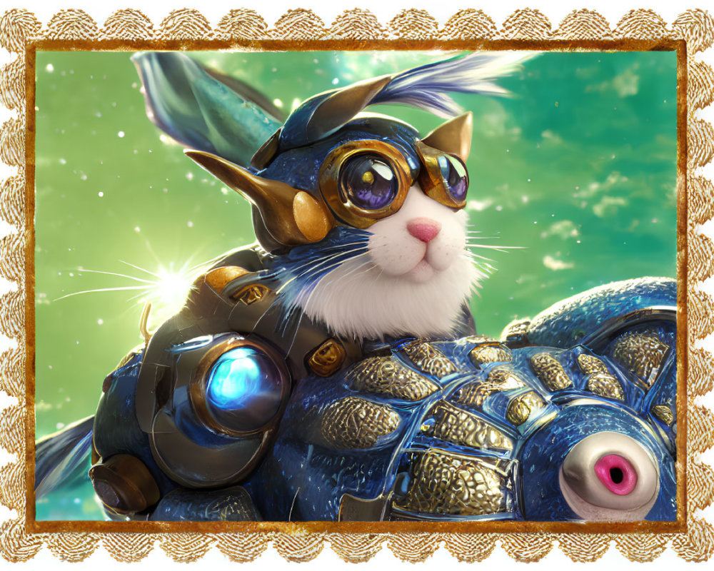 Fantasy rabbit in blue armor and goggles with ornate background