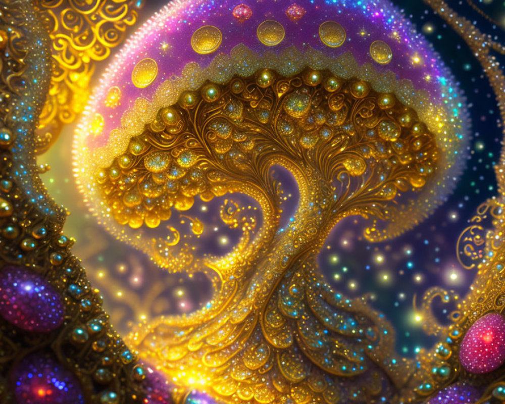 Radiant golden tree in ornate cosmic backdrop with swirling branches